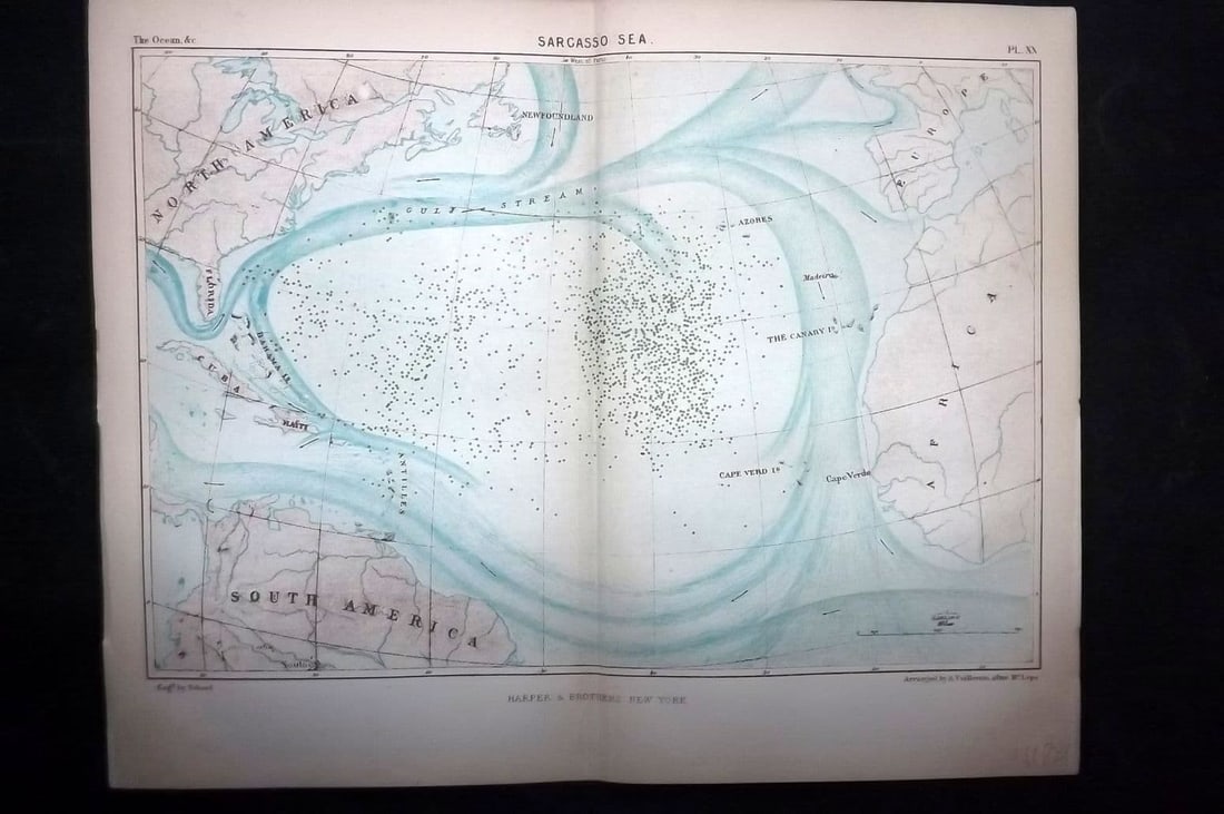 Reclus, Elisee 1873 Antique Map. Sargasso Sea: Antique Lithograph Map Published 1873, New York for "The Ocean, Atmosphere and Life" by Elisee Reclus. Centre fold as published. Paper Size: 11.5 x 9 inch (29 x 23cm) Good Condition