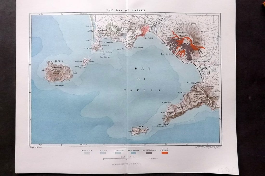 Reclus, Elisee C1880 Antique Map. Bay of Naples, Italy: Antique Lithograph Map Published 1876-94, London for "The Universal Geography" by Elisee Reclus. Edited by A. H. Keane. Centre fold as issued. Paper Size: 13.5 x 10.5 inch (34 x 27cm) Good Condition