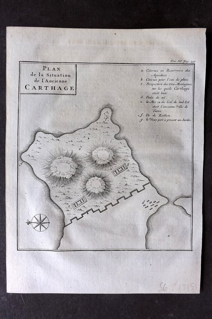Psalmanazar & Sale C1770 Antique Map. Plan of Carthage, Tunisia: Copper Engraved Map Published 1747-82 Amsterdam and Leipzig for "Histoire Universelle, depuis le commencement du monde" 4to Edition by George Sale, George Psalmanazar, Thomas Salmon et al. Paper Size: