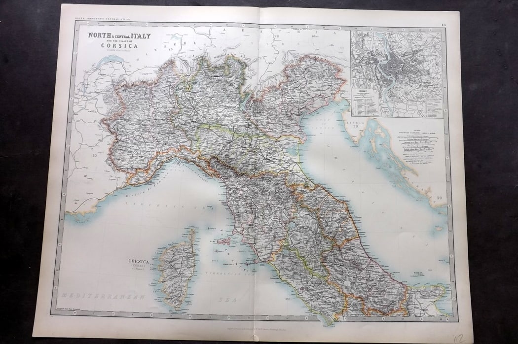 Johnston, Alexander 1894 LG Antique Map. North and Central Italy: Large Folio Colour Printed Steel Engraved Map Published 1894, Edinburgh & London for "The Royal Atlas of Modern Geography" by Alexander Keith Johnston and T. B. Johnston. Centre fold as published. Pap