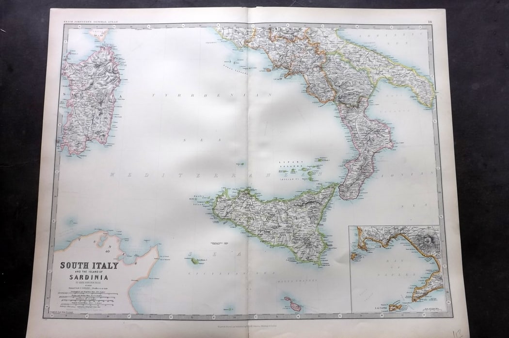 Johnston, Alexander 1894 LG Antique Map. South Italy and The Island of Sardinia. Sicily: Large Folio Colour Printed Steel Engraved Map Published 1894, Edinburgh & London for "The Royal Atlas of Modern Geography" by Alexander Keith Johnston and T. B. Johnston. Centre fold as published. Pap