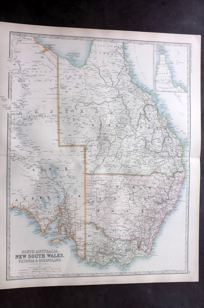 Johnston, Alexander 1894 LG Antique Map. South Australia: Large Folio Colour Printed Steel Engraved Map Published 1894, Edinburgh & London for "The Royal Atlas of Modern Geography" by Alexander Keith Johnston and T. B. Johnston. Centre fold as published. Pap