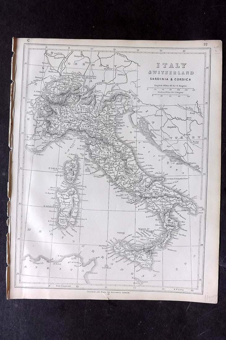 Lowry, Joseph 1852 Antique Map. Italy, Switzerland, Sardinia & Corsica (1 of 1)