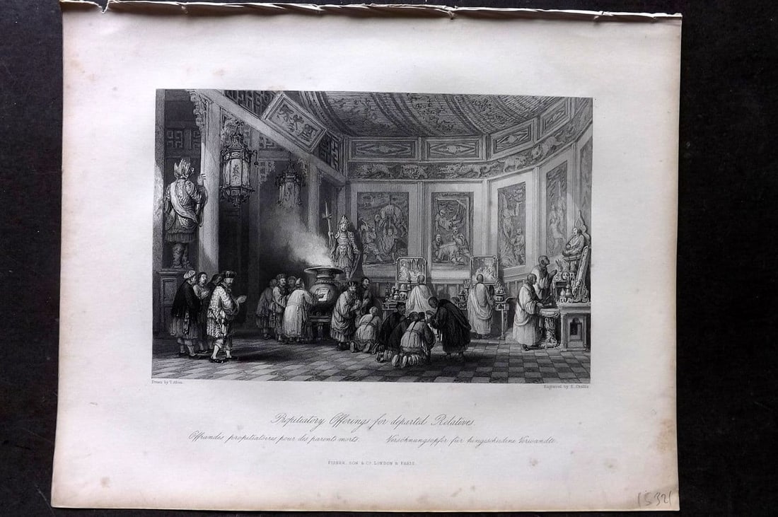 Allom China 1847 Antique Print. Propiliatory Offerings for departed Relatives: Antique Steel Engraving Published 1843-47 by Fisher & Son, London for "China, in a Series of Views, Displaying the Scenery, Architecture, and Social Habits..." (China Illustrated) First Edition by the