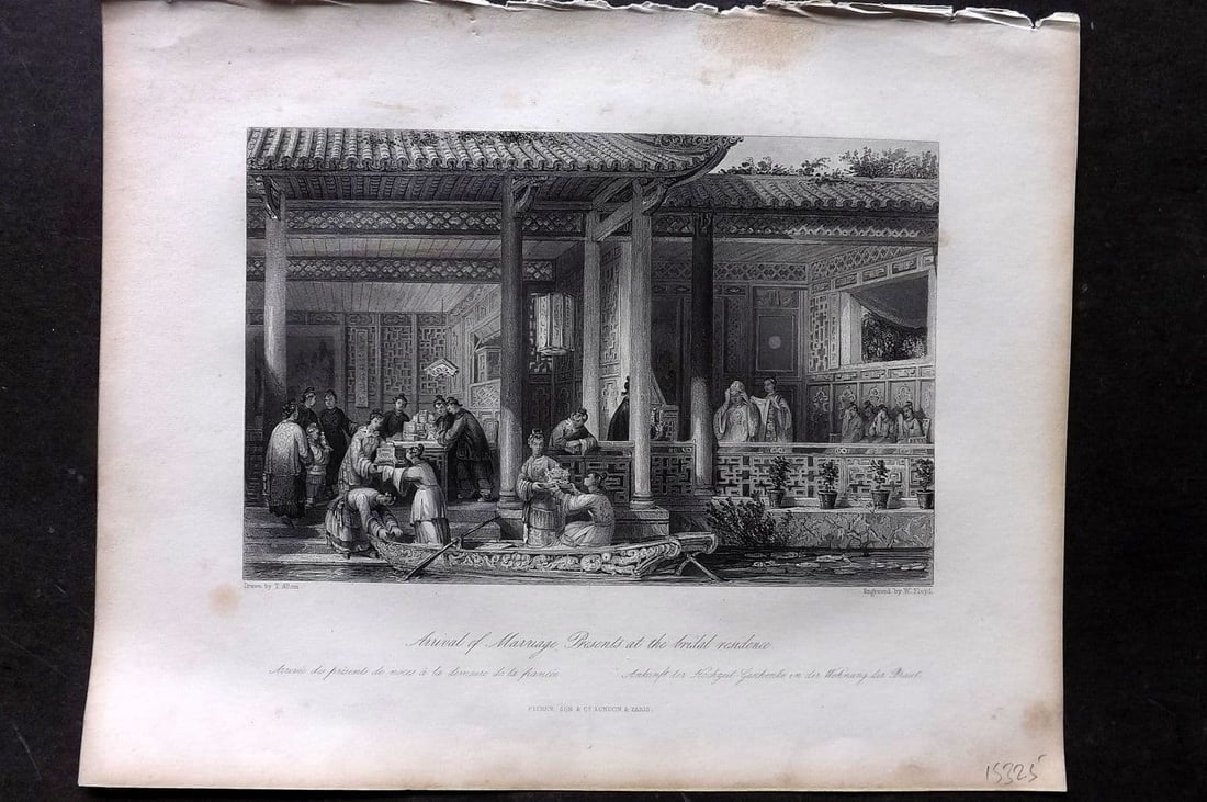 Allom China 1847 Print. Arrival of Marriage presents at the Bridal Residence: Antique Steel Engraving Published 1843-47 by Fisher & Son, London for "China, in a Series of Views, Displaying the Scenery, Architecture, and Social Habits..." (China Illustrated) First Edition by the