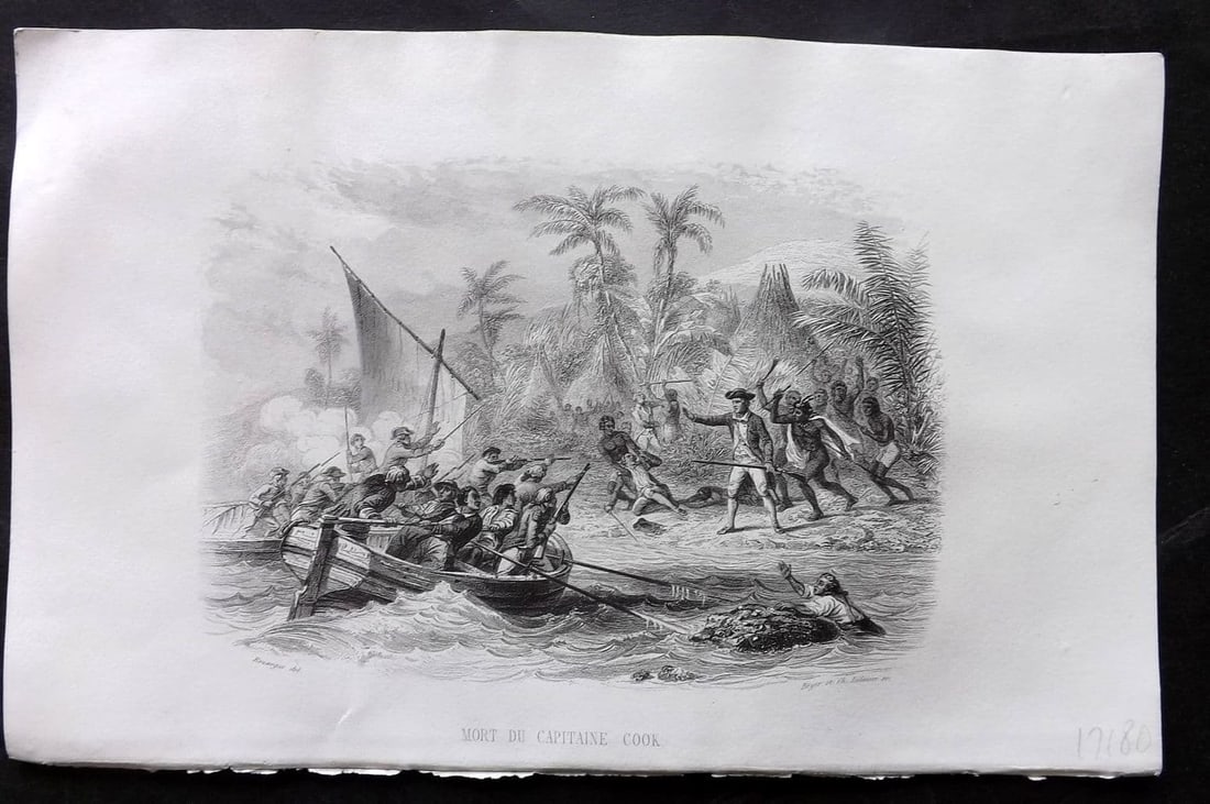 d'Urville, Jules Dumont 1859 Antique Print. Death of Captain Cook. Hawaii USA: Antique Steel Engraving Published 1859, Paris for "Histoire Generale des Voyages..." By Jules Dumont d'Urville. . Paper Size: 10.5 x 6.5 inch (27 x 17cm) Good Condition