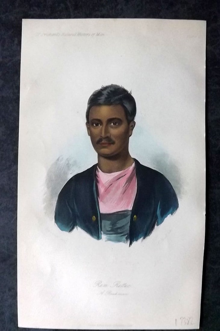 Prichard, James 1855 Hand Col Print. Portrait of Ben Rattun, a Brahman. India 05: Antique Aquatint Published 1855 London for "The Natural History of Man" by James Cowles Prichard. Fine hand colour as issued. Paper Size: 9.5 x 5.5 inch (24 x 14cm) Good Condition