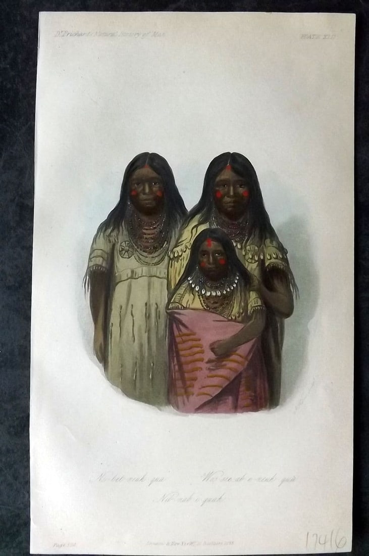 Prichard, James 1855 HC Print. Ne biet-Neuh-qua, Wos See-ab. Native Americans USA 42: Antique Aquatint Published 1855 London for "The Natural History of Man" by James Cowles Prichard. Fine hand colour as issued. Paper Size: 9.5 x 5.5 inch (24 x 14cm) Good Condition