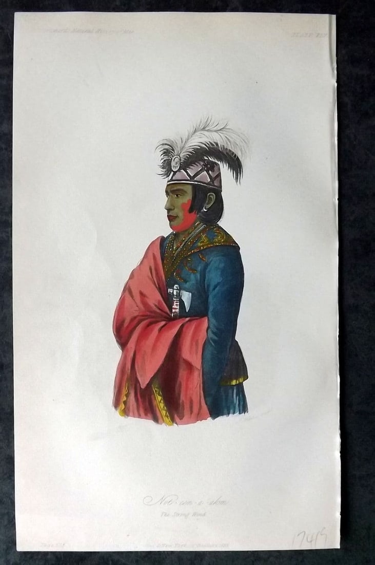 Prichard, James 1855 HC Print. Not-een-a-akm, The Strong Wind. Native American USA 45: Antique Aquatint Published 1855 London for "The Natural History of Man" by James Cowles Prichard. Fine hand colour as issued. Paper Size: 9.5 x 5.5 inch (24 x 14cm) Good Condition