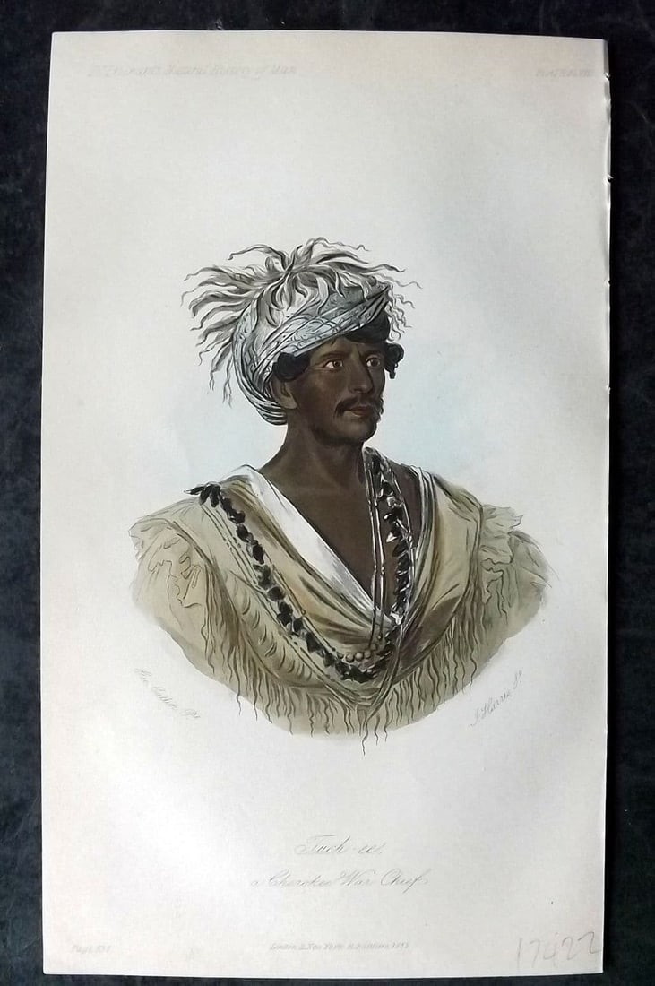 Prichard, James 1855 Hand Col Print. Tuck-ce a Cherokee War-Chief. Native American 48: Antique Aquatint Published 1855 London for "The Natural History of Man" by James Cowles Prichard. Fine hand colour as issued. Paper Size: 9.5 x 5.5 inch (24 x 14cm) Good Condition