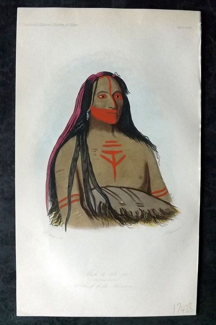 Prichard, James 1855 Print. Mah-to-toh-pa, The Four Bears Chief of the Mandans. USA 49: Antique Aquatint Published 1855 London for "The Natural History of Man" by James Cowles Prichard. Fine hand colour as issued. Paper Size: 9.5 x 5.5 inch (24 x 14cm) Good Condition