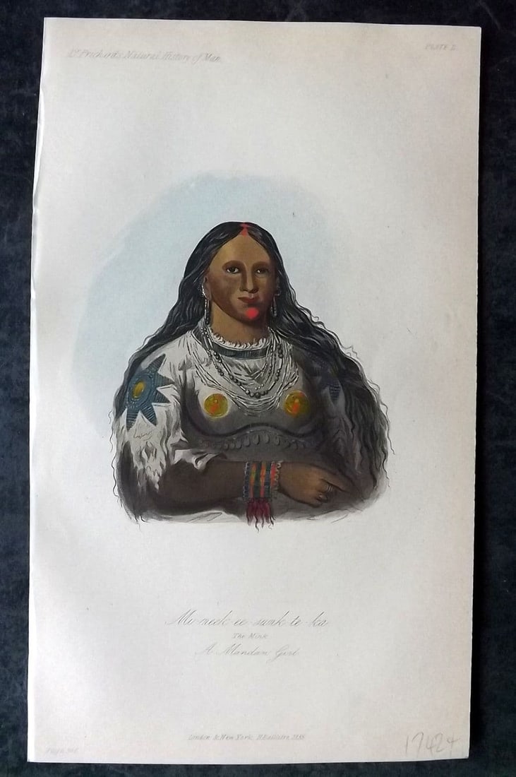 Prichard, James 1855 HC Print Mi-neek-ee-sank-te-ka Mandam Girl Native American USA 50: Antique Aquatint Published 1855 London for "The Natural History of Man" by James Cowles Prichard. Fine hand colour as issued. Paper Size: 9.5 x 5.5 inch (24 x 14cm) Good Condition