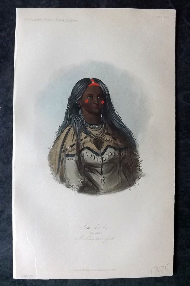 Prichard, James 1855 Hand Col Print. Sha-ko-ka, a Mandan Girl Native American USA 51: Antique Aquatint Published 1855 London for "The Natural History of Man" by James Cowles Prichard. Fine hand colour as issued. Paper Size: 9.5 x 5.5 inch (24 x 14cm) Small closed bottom margin tear. Ot
