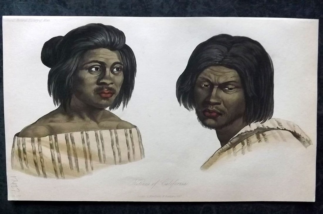 Prichard, James 1855 Hand Col Print. Natives of California. Native Americans USA 54: Antique Aquatint Published 1855 London for "The Natural History of Man" by James Cowles Prichard. Fine hand colour as issued. Paper Size: 9.5 x 5.5 inch (24 x 14cm) Good Condition
