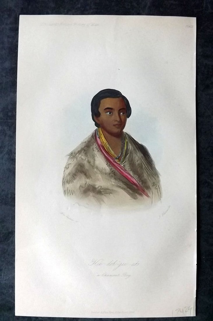 Prichard, James 1855 H Col Print. Hee-doh-geh-oats, a Chinook Boy. Native American 56: Antique Aquatint Published 1855 London for "The Natural History of Man" by James Cowles Prichard. Fine hand colour as issued. Paper Size: 9.5 x 5.5 inch (24 x 14cm) Good Condition