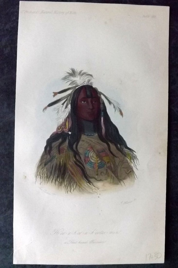 Prichard, James 1855 HC Print Hee-a-ho'co-a-h-eotes-min, a Flat-Headed Warrior, USA 57: Antique Aquatint Published 1855 London for "The Natural History of Man" by James Cowles Prichard. Fine hand colour as issued. Paper Size: 9.5 x 5.5 inch (24 x 14cm) Very minor background toning. Good 