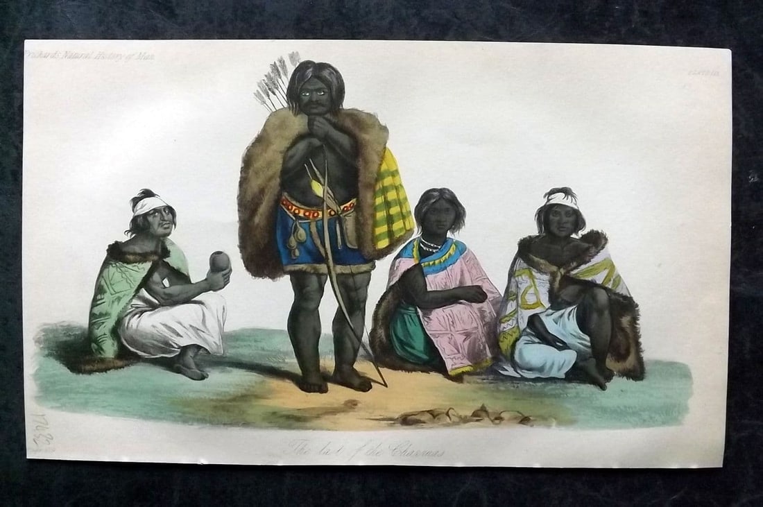 Prichard, James 1855 Hand Col Print. The Last of the Charr?a, Uruguay 59: Antique Aquatint Published 1855 London for "The Natural History of Man" by James Cowles Prichard. Fine hand colour as issued. Paper Size: 9.5 x 5.5 inch (24 x 14cm) Good Condition