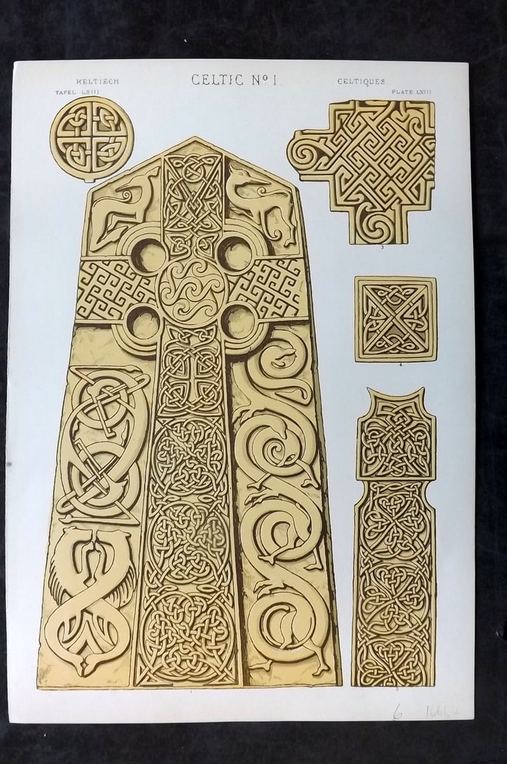 Jones, Owen 1910 Folio Architectural Design Print. Celtic No. 1: Chromolithograph Published 1910 by Bernard Quaritch, London for "The Grammar of Ornament" by Owen Jones. Paper Size: 13 x 9 inch (33 x 23cm) Good Condition