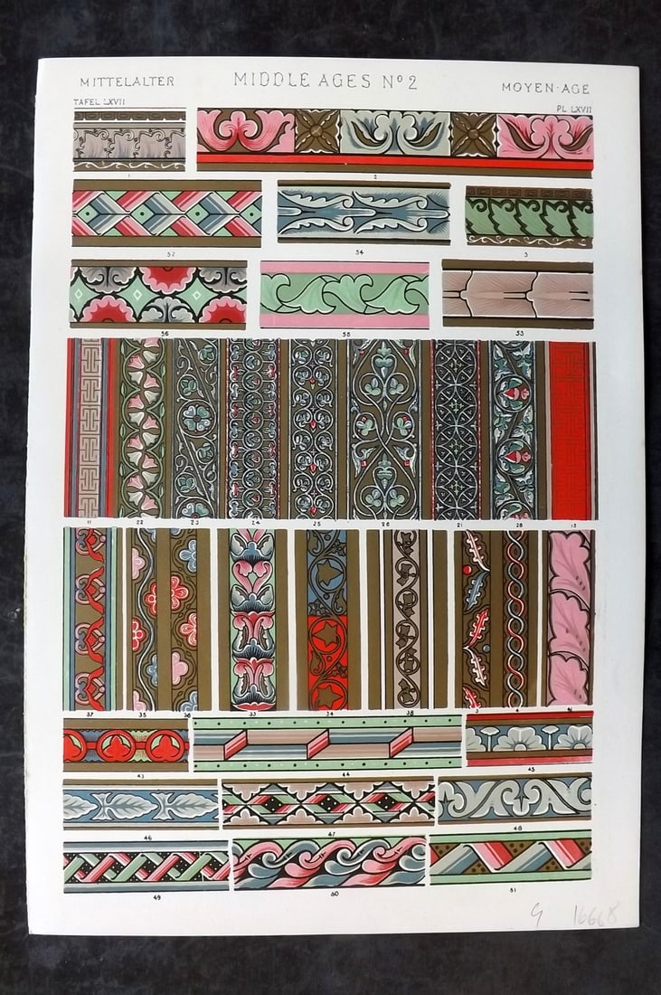 Jones, Owen 1910 Folio Architectural Design Print. Middle Ages No. 2: Chromolithograph Published 1910 by Bernard Quaritch, London for "The Grammar of Ornament" by Owen Jones. Paper Size: 13 x 9 inch (33 x 23cm) Good Condition