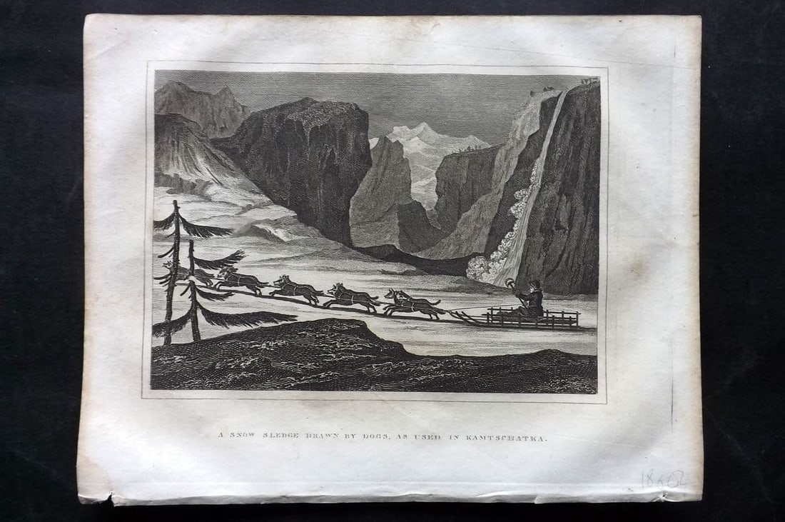 Kelly, Christopher 1829 Antique Print. Slow Sledge drawn by Dogs, as used in Kamtschatka: Antique Copper Plate Published 1829, London for "A New and Complete System of Universal Geography" by Christopher Kelly. Paper Size: 10 x 8 inch (26 x 20cm) Good Condition