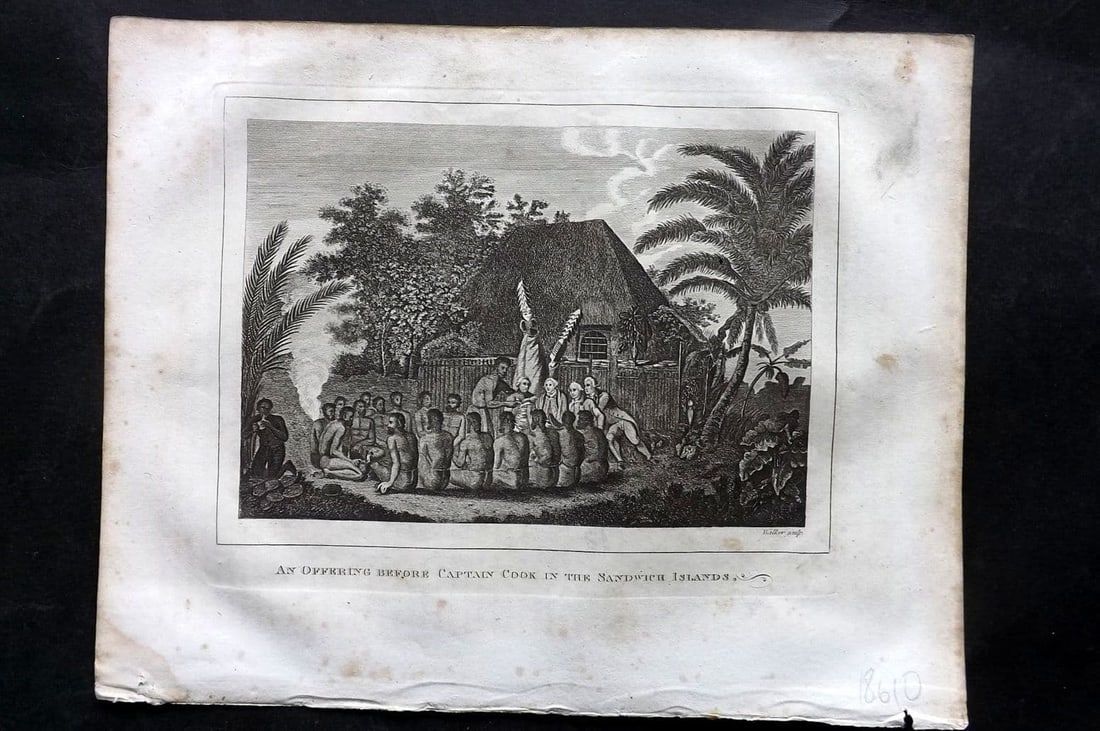 Kelly, Christopher 1829 Print. An offering before Captain Cook in the Sandwich Islands Hawaii: Antique Copper Plate Published 1829, London for "A New and Complete System of Universal Geography" by Christopher Kelly. Paper Size: 10 x 8 inch (26 x 20cm) Minor margin toning, otherwise fine