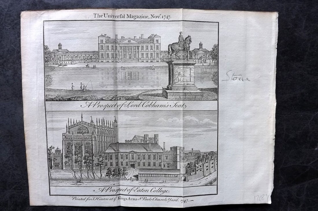 Universal Mag. 1748 Antique Print. Stowe - Lord Cobham's Seat & Eton College (1 of 1)