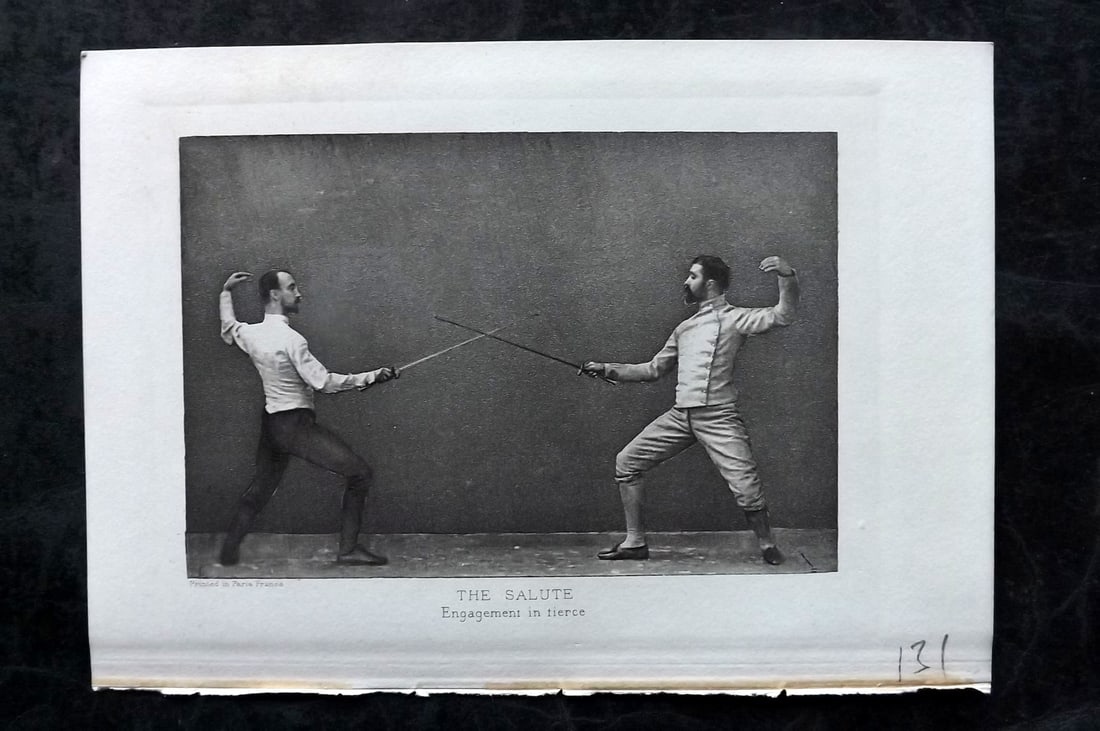 Badminton Library 1907 Antique Sword Fencing Print. The Salute. Engagement in Tierce.: Photogravure Published 1907, London for "The Badminton Library of Sports and Pastimes..." by Walter H. Pollock, E. B. Michell, and Walter Armstrong.Paper Size: 7.5 x 5 inch (19 x 13cm) Good Condition