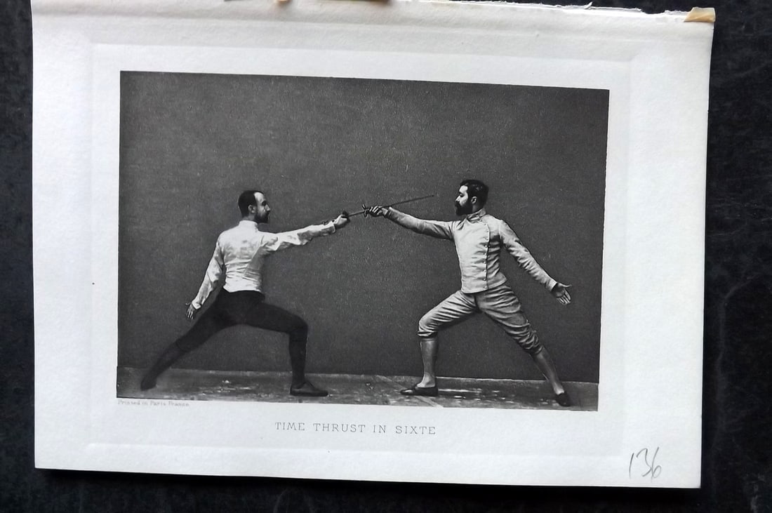 Badminton Library 1907 Antique Sword Fencing Print. Time Thrust in Sixte. (1 of 1)