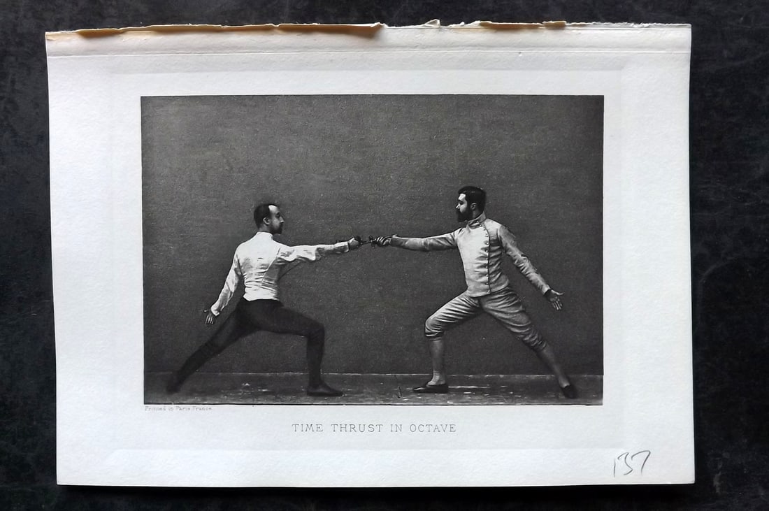Badminton Library 1907 Antique Sword Fencing Print. Time Thrust in Octave. (1 of 1)