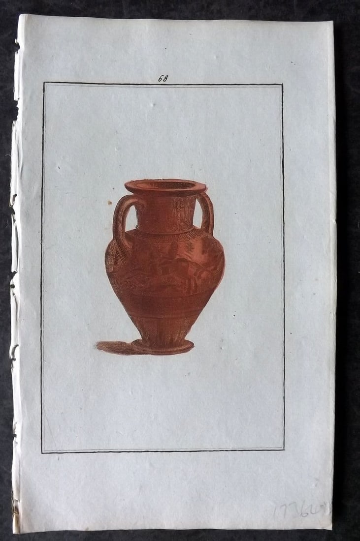 d'Hancarville & David 1785 Hand Col Etruscan, Greek & Roman Vase Print 68: Antique Copper Plate Published 1785-88, Paris for"Antiquites Etrusques, Grecques et Romaine" by Pierre Francois Hugues d'Hancarville. Illustrated by F. A. David. Fine hand colour as issued. Paper Size
