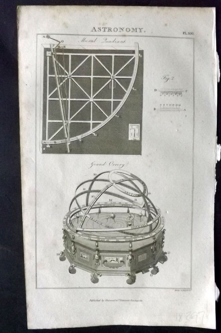 Good, John 1813 Antique Print. Astronomy. Mural Quadrant & Grand Orrery 106: Antique Copper Plate Published 1806-13, London for "Pantologia: A New Cyclopaedia, Comprehending a Complete Series of Essays" by John Mason Good et al. Minor toning present. Paper Size: 9.5 x 6 inch (