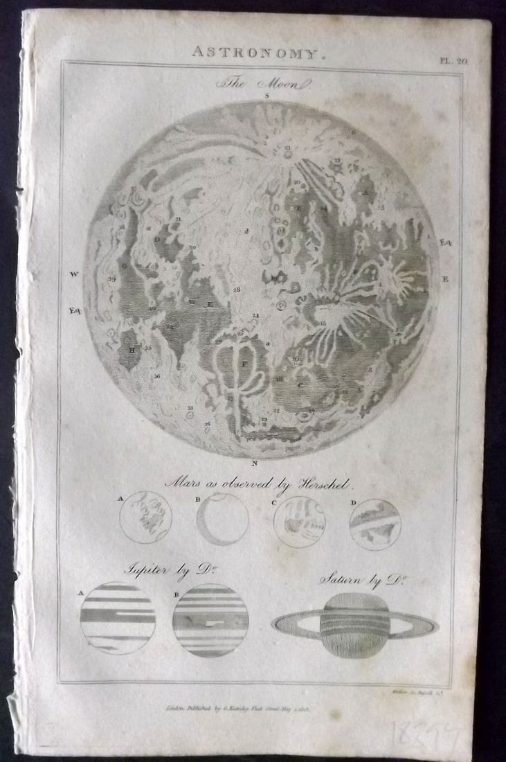 Good, John 1813 Antique Print. Astronomy. The Moon, Mars, Jupiter & Saturn 20: Antique Copper Plate Published 1806-13, London for "Pantologia: A New Cyclopaedia, Comprehending a Complete Series of Essays" by John Mason Good et al. Minor toning present. Paper Size: 9.5 x 6 inch (