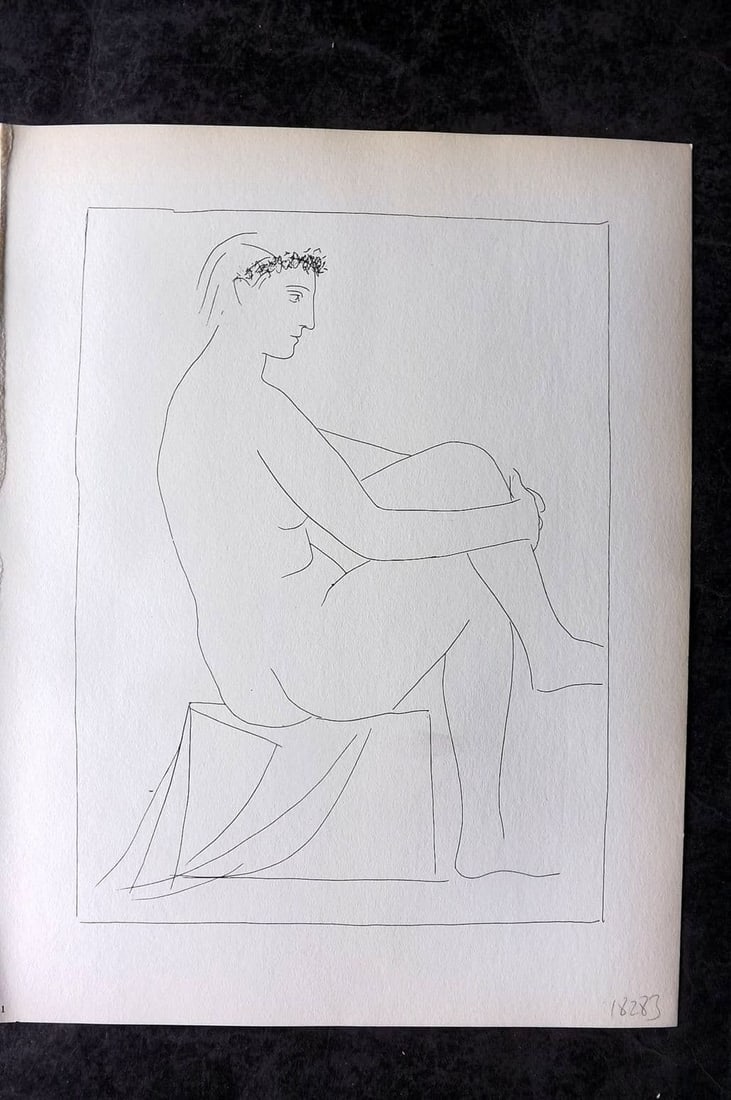 Picasso Vollard Suite 1956 Print. Seated Nude Crowned with Flowers 01: Vintage Photogravure Published 1956, London for "Picasso's Vollard Suite" First English Edition of 100 Etchings created by Picasso between 1930-37. Printed on Good Quality Paper in Germany. Paper Size
