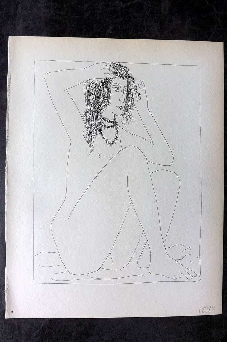 Picasso Vollard Suite 1956 Print. Seated Nude Crowning herself with Flowers 02: Vintage Photogravure Published 1956, London for "Picasso's Vollard Suite" First English Edition of 100 Etchings created by Picasso between 1930-37. Printed on Good Quality Paper in Germany. Paper Size