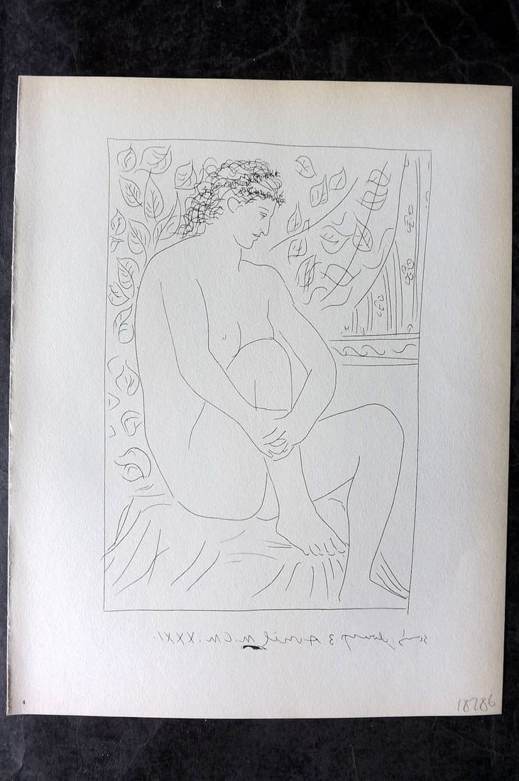 Picasso Vollard Suite 1956 Print. Nude seated before a Curtain 04: Vintage Photogravure Published 1956, London for "Picasso's Vollard Suite" First English Edition of 100 Etchings created by Picasso between 1930-37. Printed on Good Quality Paper in Germany. Paper Size