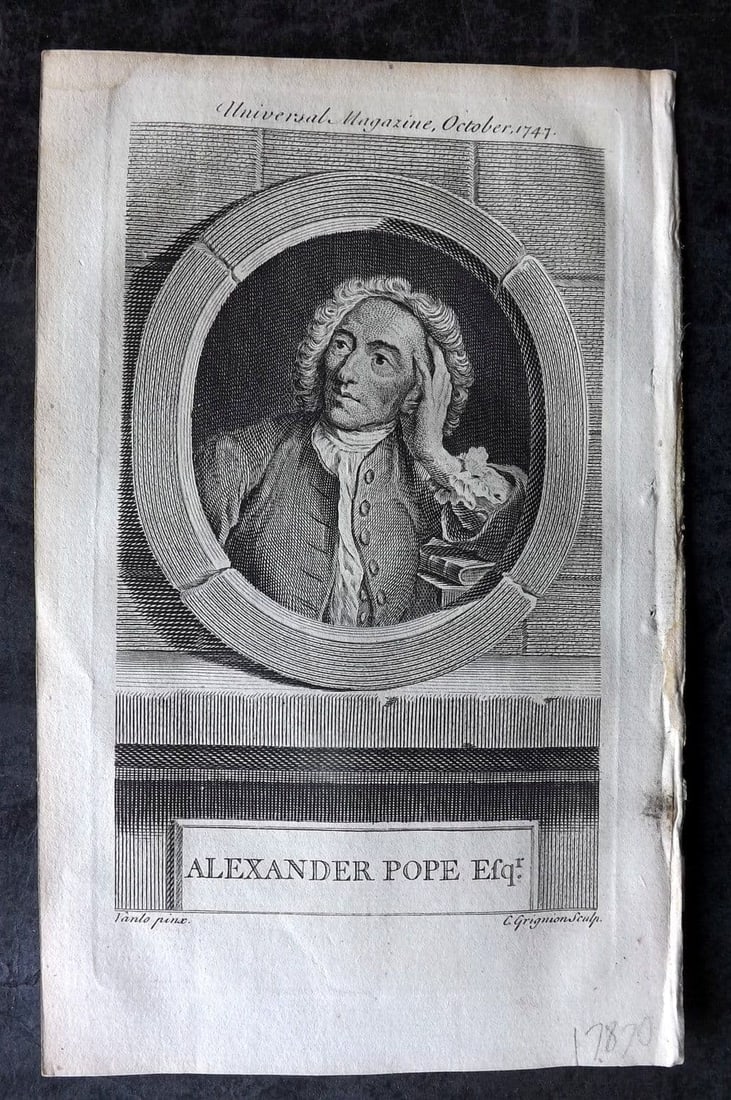 Universal Mag. 1748 Antique Portrait Print. Alexander Pope: Antique Copper Plate Published London 1747-1815 for "The Universal Magazine of Knowledge and Pleasure" by Various. Paper Size: 8 x 5 inch (20 x 13cm) Good Condition