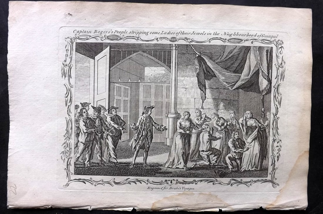 Drake, Edward 1768 Folio Print. Ecuador - Capt. Rogers's People stripping Ladies of their Jewels,: Copper Plate Published 1768 by J.Cooke, London for "A New Universal Collection of Authentic and Entertaining Voyages and Travels" (Drake's Voyages) By Edward Cavendish Drake. Paper Size: 16 x 9 inch (