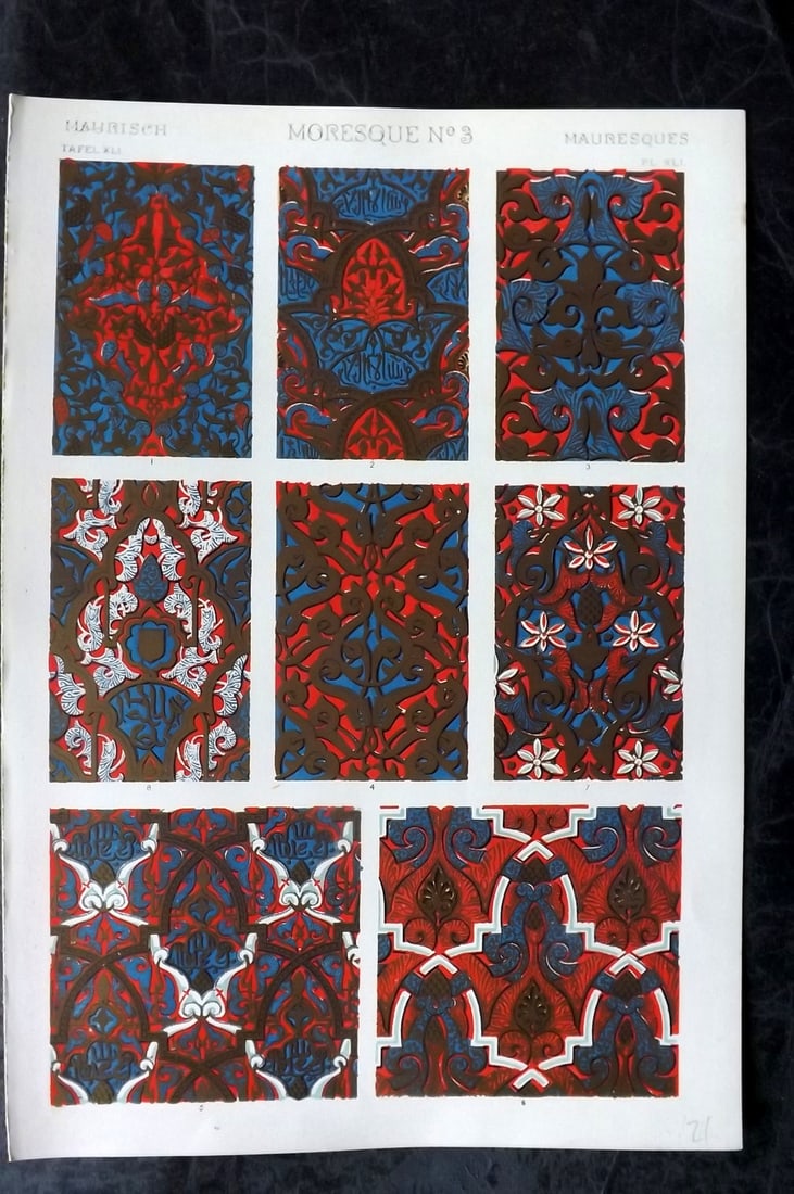 Jones, Owen 1910 Folio Architectural Design Print. Moresque No. 3: Chromolithograph Published 1910 by Bernard Quaritch, London for "The Grammar of Ornament" by Owen Jones. Paper Size: 13 x 9 inch (33 x 23cm) Good Condition