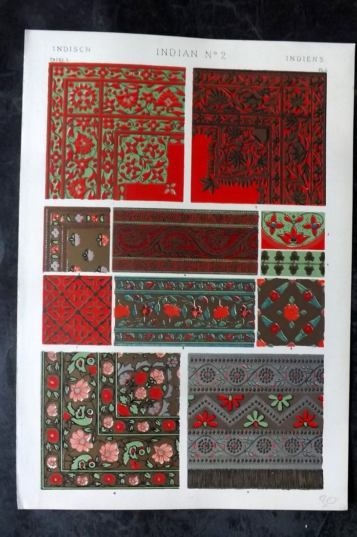Jones, Owen 1910 Folio Architectural Design Print. Indian No. 2: Chromolithograph Published 1910 by Bernard Quaritch, London for "The Grammar of Ornament" by Owen Jones. Paper Size: 13 x 9 inch (33 x 23cm) Good Condition