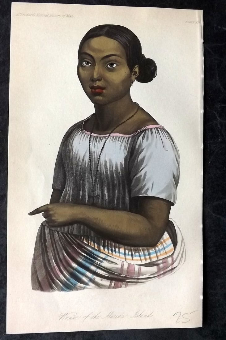 Prichard, James 1855 HC Print. Woman of the Marian Islands. Mariana Islands Pacific 25: Hand Colored Aquatint Published 1855 London for "The Natural History of Man" by James Cowles Prichard. Paper Size: 9 x 5.5 inch (23.5 x 14cm) Good Condition