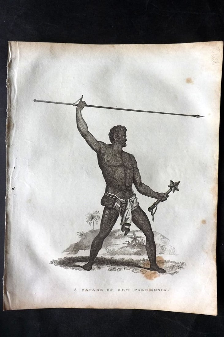 Kelly, Christopher 1829 Antique Print. Savage of New Caledonia: Antique Copper Plate Published 1829, London for "A New and Complete System of Universal Geography" by Christopher Kelly. Paper Size: 10 x 8 inch (26 x 20cm) A few tone spots present, otherwise fine