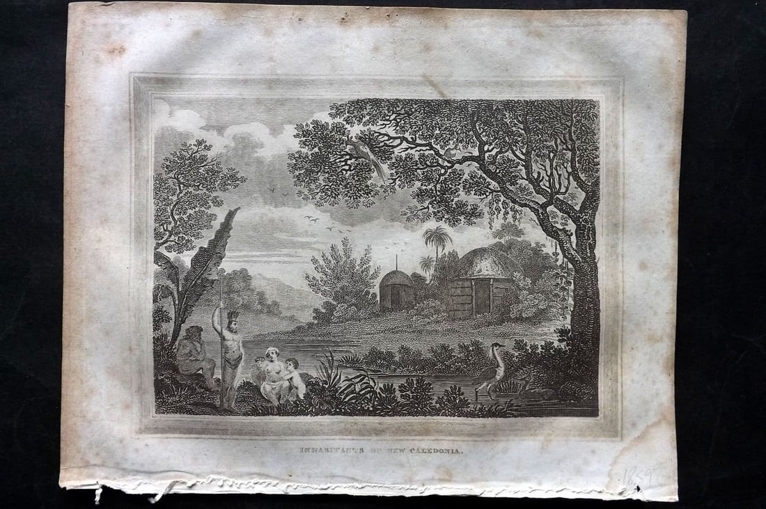 Kelly, Christopher 1829 Antique Print. Inhabitants of New Caledonia: Antique Copper Plate Published 1829, London for "A New and Complete System of Universal Geography" by Christopher Kelly. Paper Size: 10 x 8 inch (26 x 20cm) Some margin toning and margin water stainin