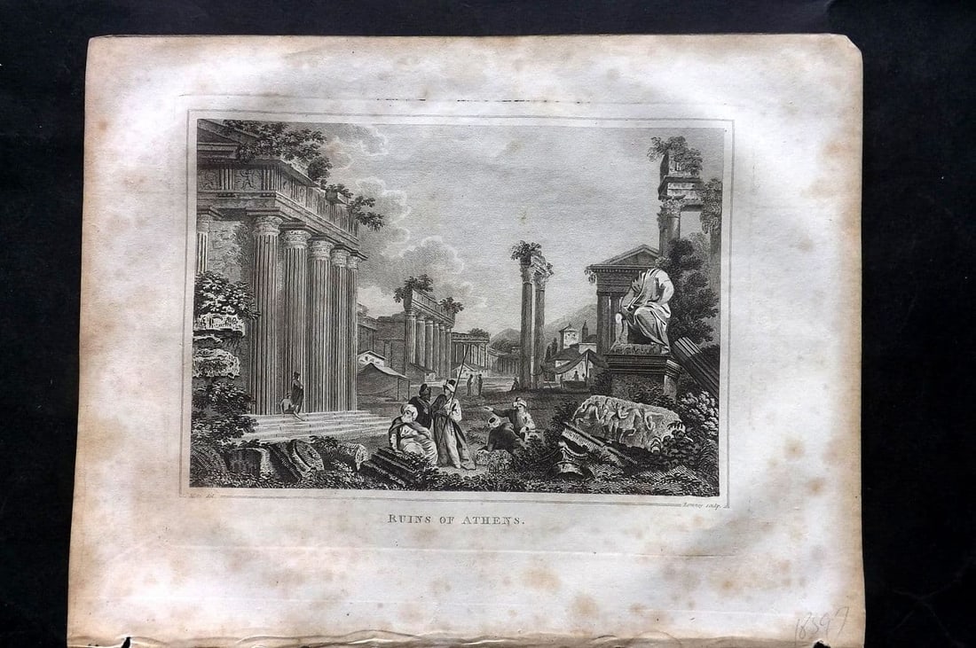 Kelly, Christopher 1829 Antique Print. Ruins of Athens, Greece: Antique Copper Plate Published 1829, London for "A New and Complete System of Universal Geography" by Christopher Kelly. Paper Size: 10 x 8 inch (26 x 20cm) Some toning, mostly in margin.