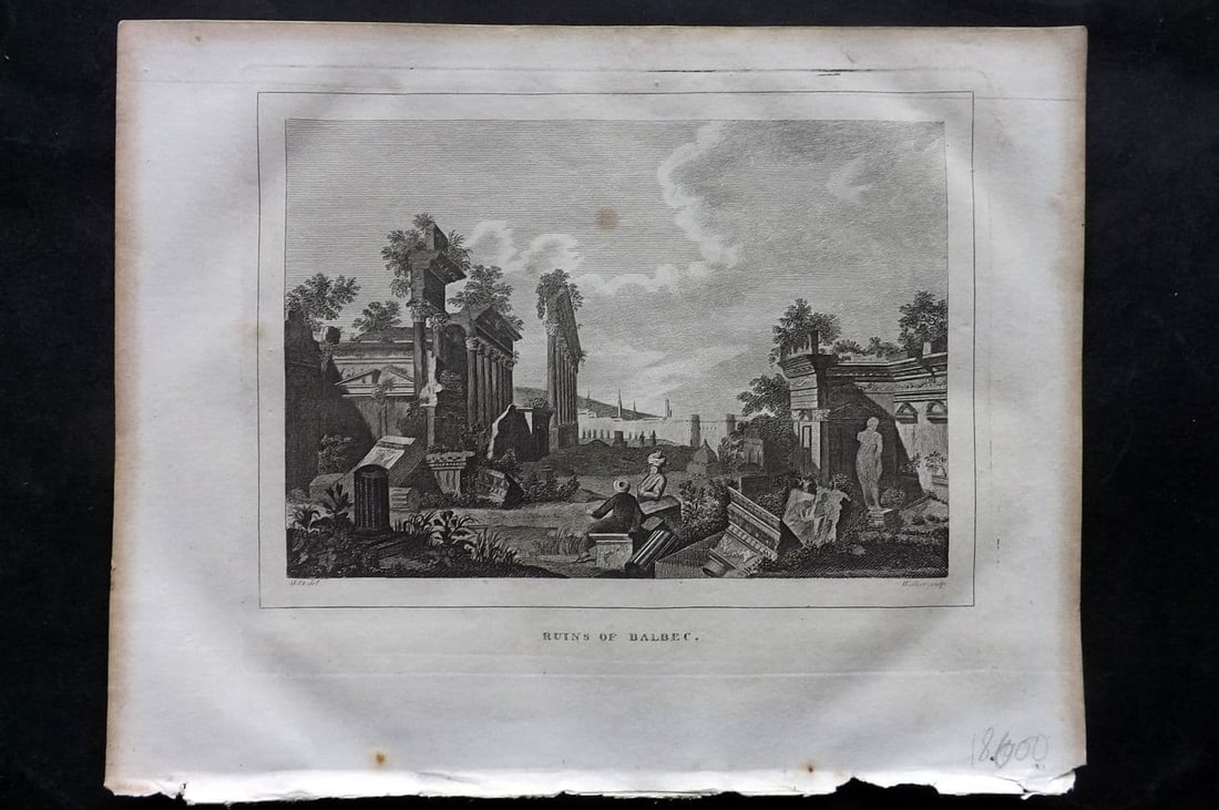 Kelly, Christopher 1829 Antique Print. Ruins of Balbec: Antique Copper Plate Published 1829, London for "A New and Complete System of Universal Geography" by Christopher Kelly. Paper Size: 10 x 8 inch (26 x 20cm) Very minor toning. Good Condition