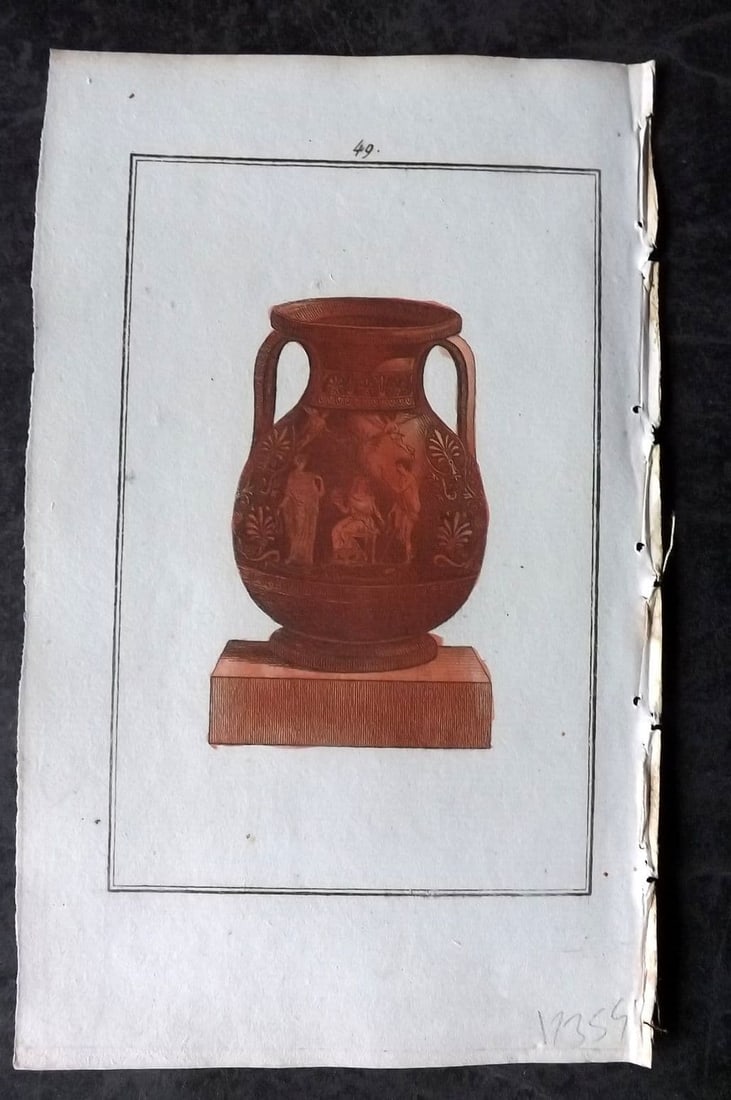 d'Hancarville & David 1785 Hand Col Etruscan, Greek & Roman Vase Print 49: Antique Copper Plate Published 1785-88, Paris for"Antiquites Etrusques, Grecques et Romaine"by Pierre Francois Hugues d'Hancarville. Illustrated by F. A. David. Fine hand colour as issued.Paper Size: 