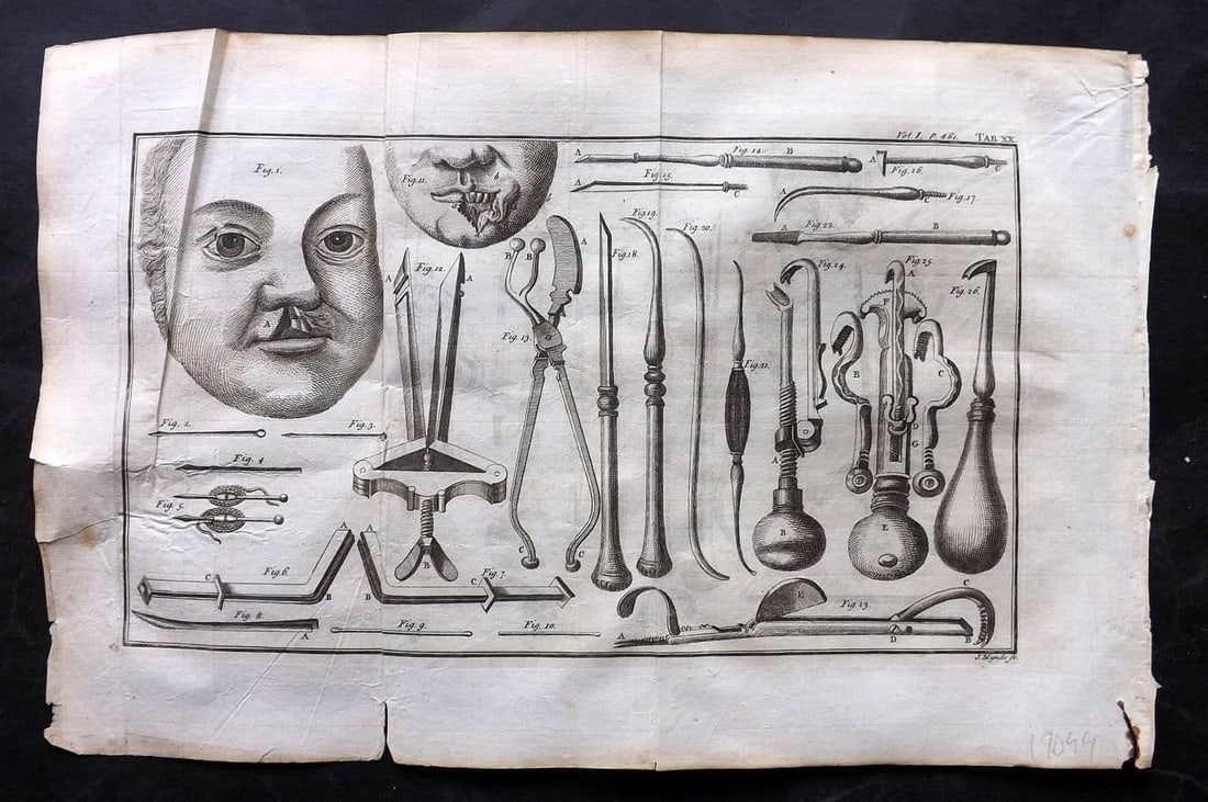 Heister, Lorenz 1743 Folio Medical Print. Surgery 20: Antique Folio Copper Plate Published 1743, London for "A General System of Surgery" by Lorenz Heister. First English Edition. Folds as issued. Rare. Paper Size: 16 x 10 inch (40 x 25cm) Some wrinkles 