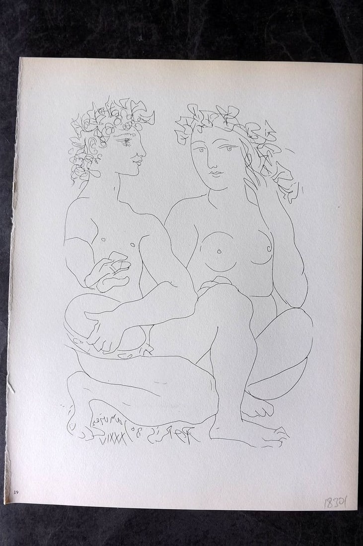 Picasso Vollard Suite 1956 Print. Nude and Tamborine Player 19: Vintage Photogravure Published 1956, London for "Picasso's Vollard Suite" First English Edition of 100 Etchings created by Picasso between 1930-37. Printed on Good Quality Paper in Germany. Paper Size