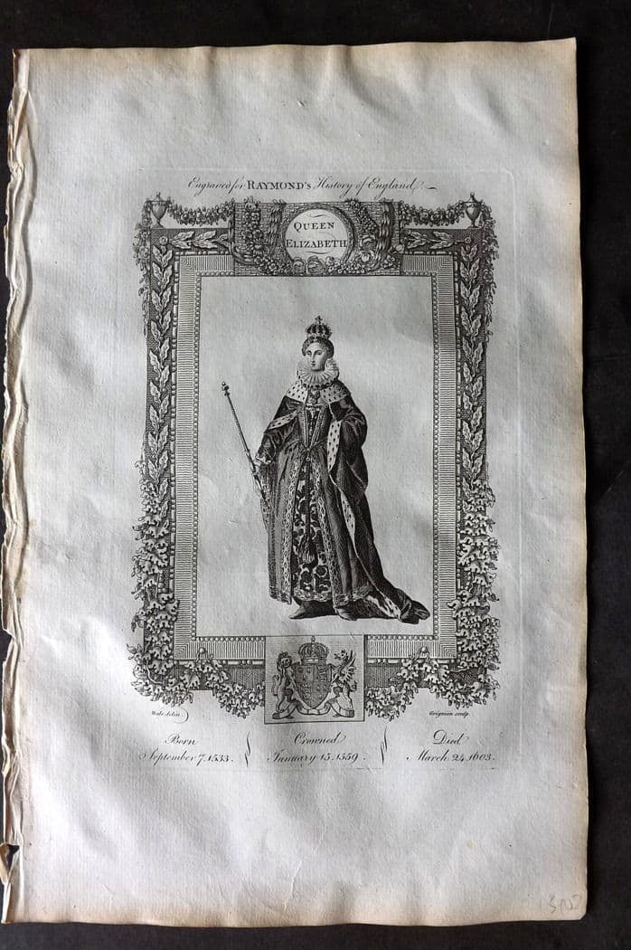 Raymond, George 1787 Folio Portrait Print. Queen Elizabeth: Antique Folio Copper Plate Published 1787, London for "A New, Universal and Impartial History of England" also titled "Raymond's History of England" by George Frederick Raymond. Paper Size: 14 x 9 inc