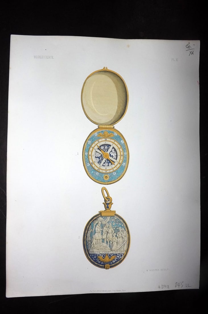 Soltykoff, Prince Pierre 1858 Hand Col Horology Print 10: Hand Colored Steel Engraving Published 1858, Paris for "Collection Archeologique du Prince Pierre Soltykoff" by Prince Pierre Soltykoff and Pierre Dubois. Engraved by Saunier after Racinet. Paper Size
