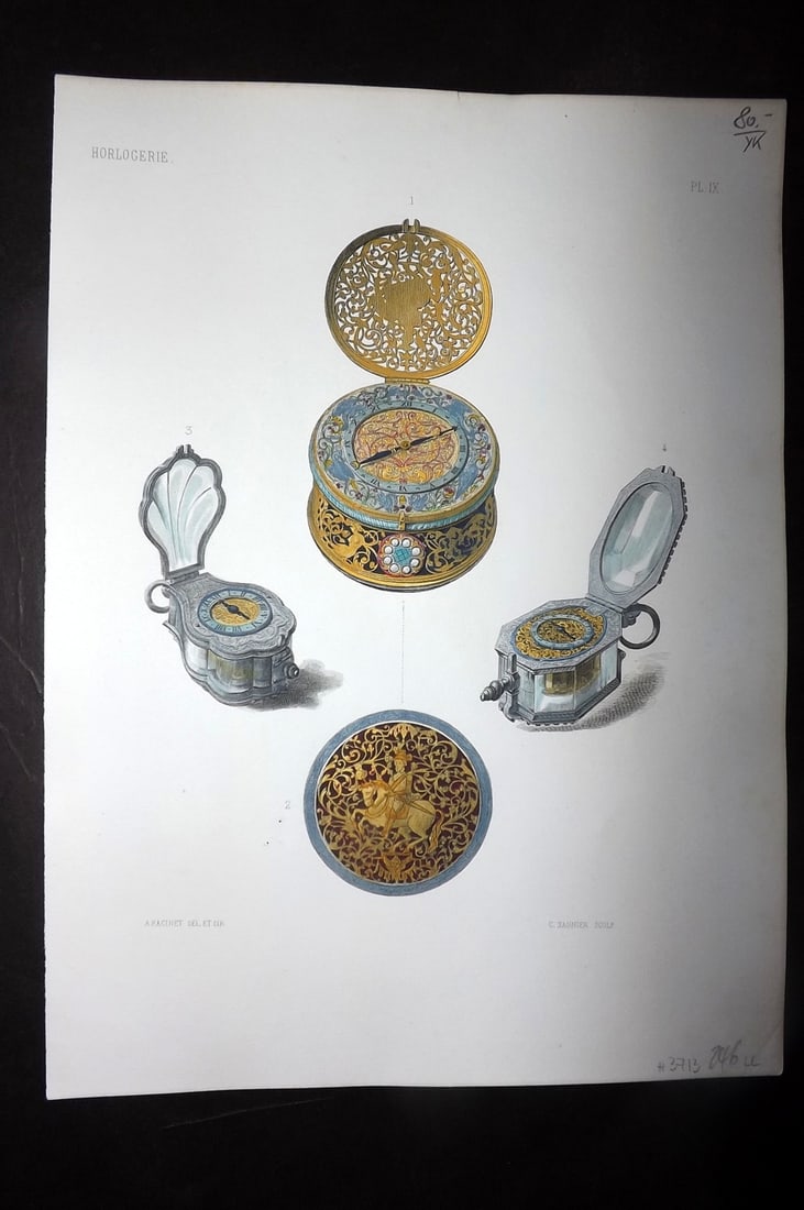 Soltykoff, Prince Pierre 1858 Hand Col Horology Print 09: Hand Colored Steel Engraving Published 1858, Paris for "Collection Archeologique du Prince Pierre Soltykoff" by Prince Pierre Soltykoff and Pierre Dubois. Engraved by Saunier after Racinet. Paper Size